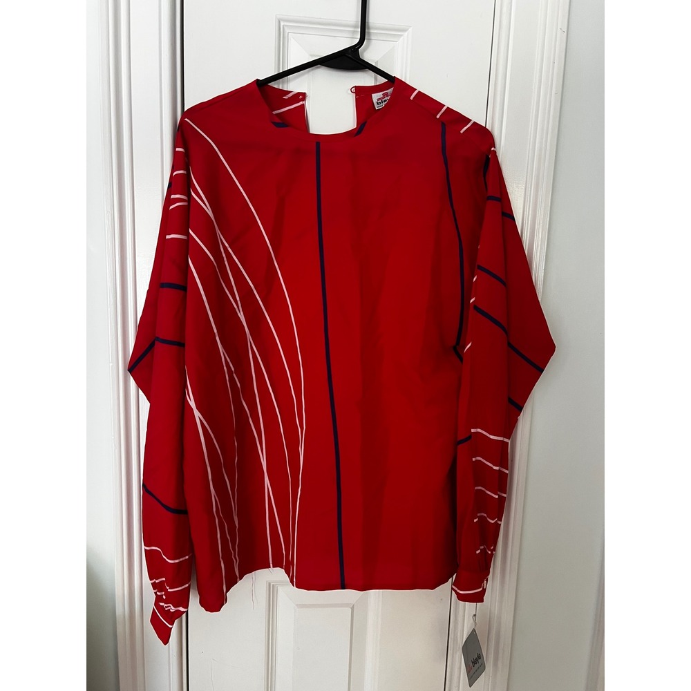 Vintage Bleyle Red Graphic Stripe Long Sleeve Blouse Top Navy White Size 12 NWT